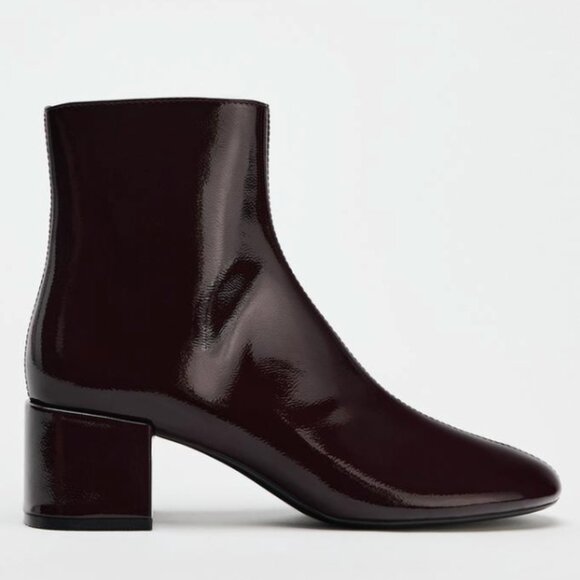ZARA FAUX PATENT LEATHER BURGUNDY ROUND TOE ANKLE BOOTS SIZE W 8 / 39 - Picture 1 of 8
